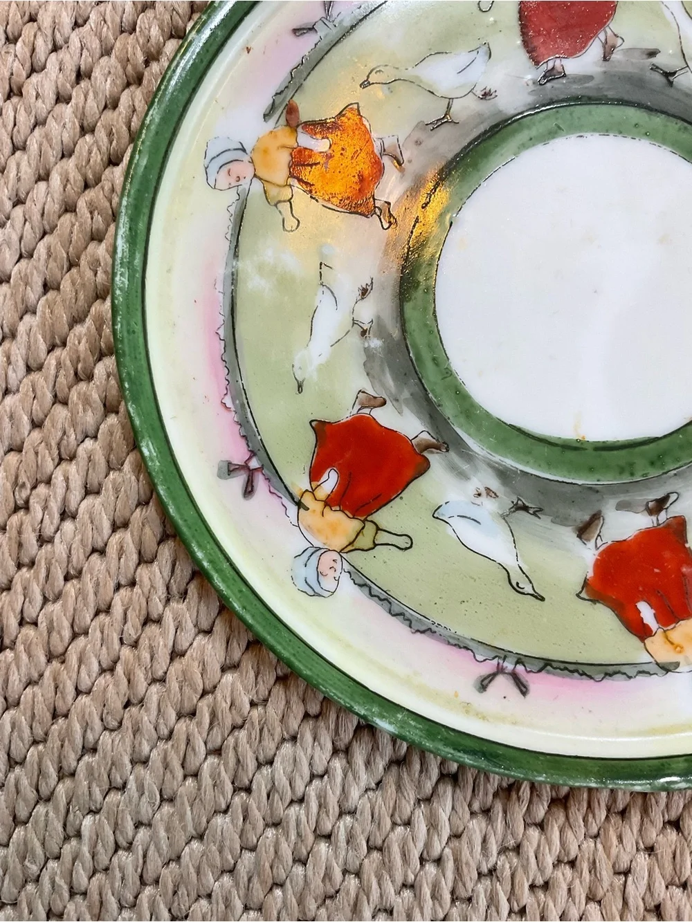 Vintage Japanese Ceramic Saucer with Green Rim and Red Accents